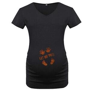 Maternity Short Sleeve V-neck Halloween Tee, “let me out” w/ foot prints (S)